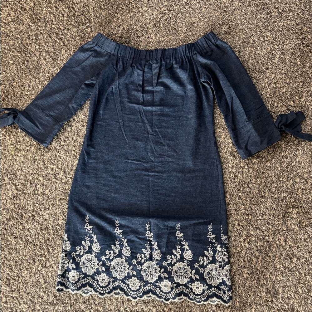 100% cotton Elegant Off-Shoulder Navy Dress with Floral Embroidery